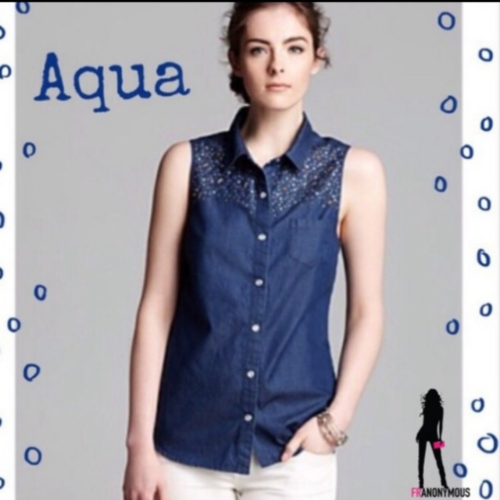 AQUA Sleeveless Dark Denim with Studs Top